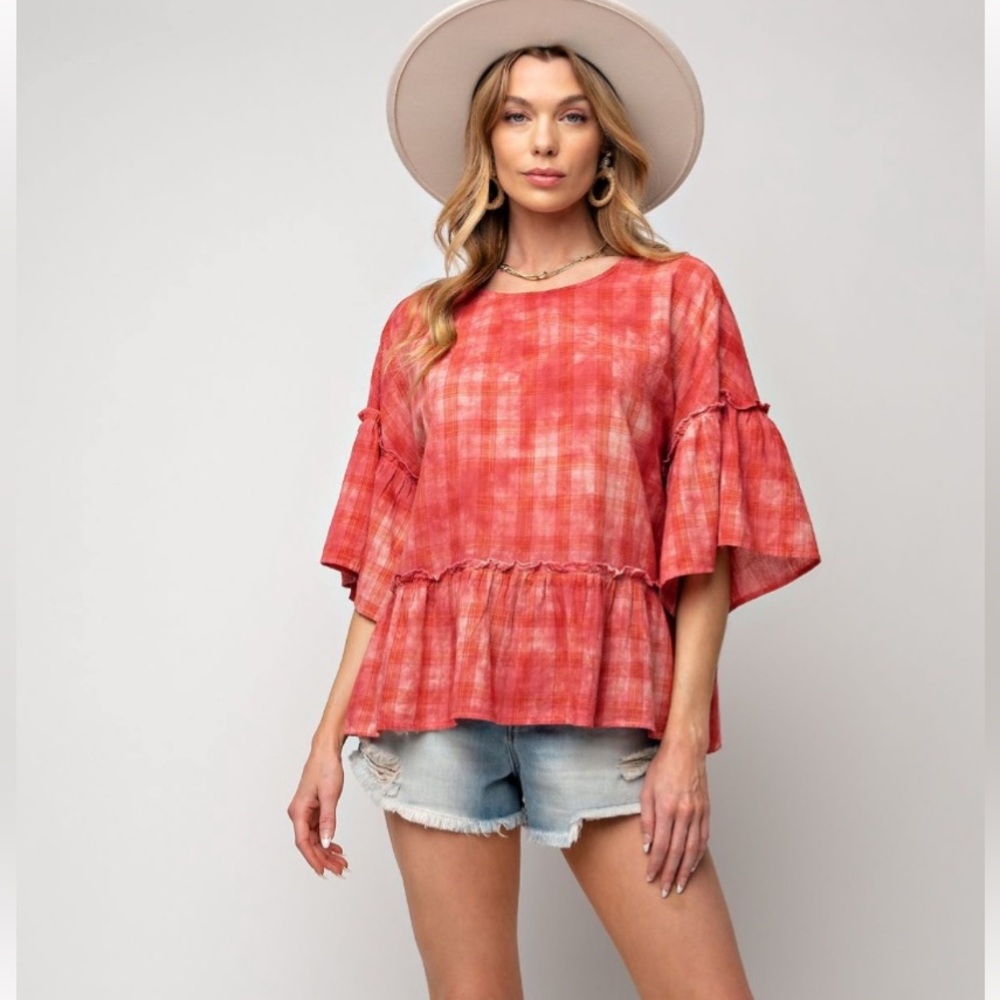 Easel Red Plaid Ruffle Top - Picture 3 of 4